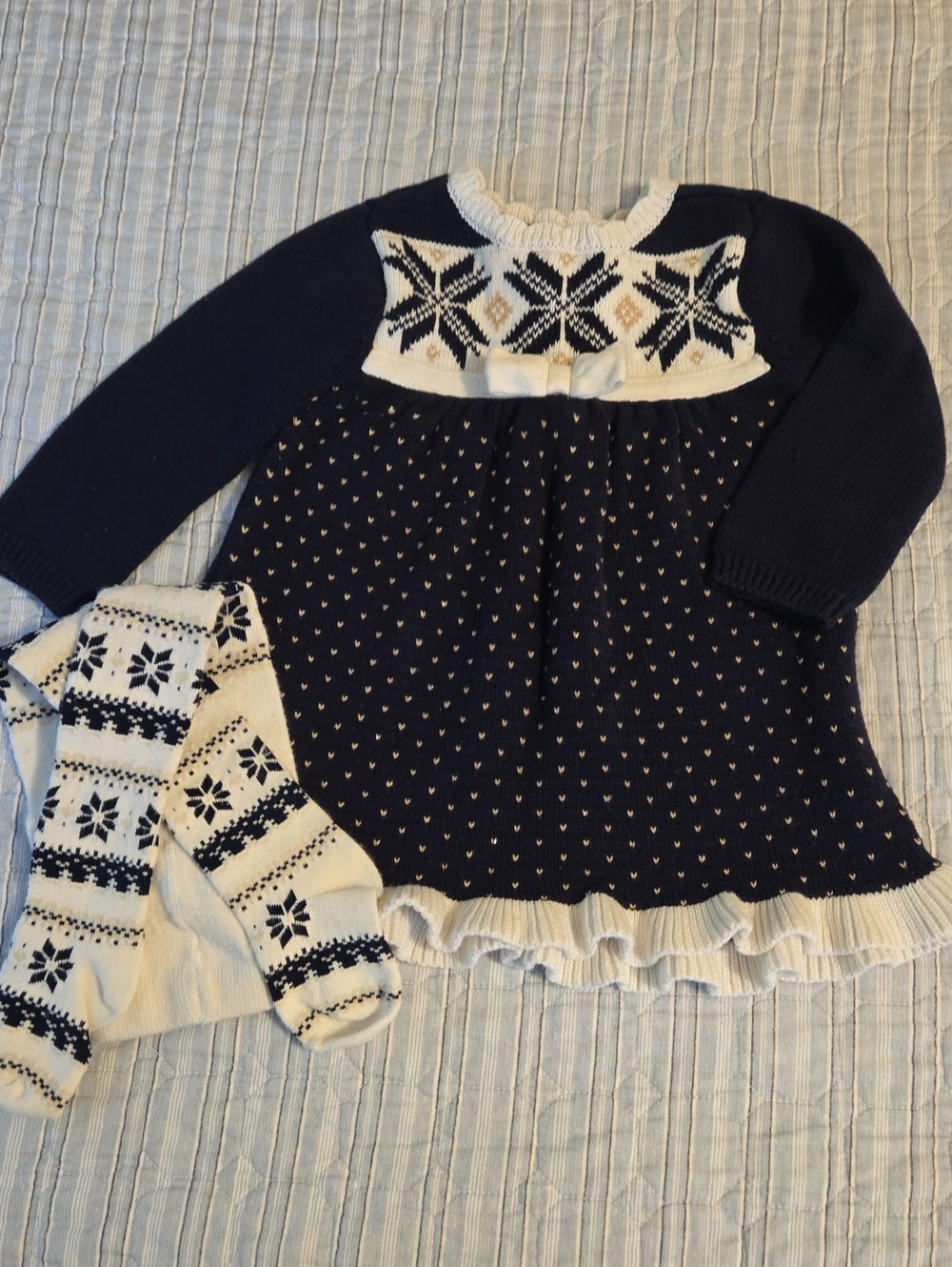 Gymboree Navy and Cream Fair Isle Knit Sweater Dress with Matching Tights